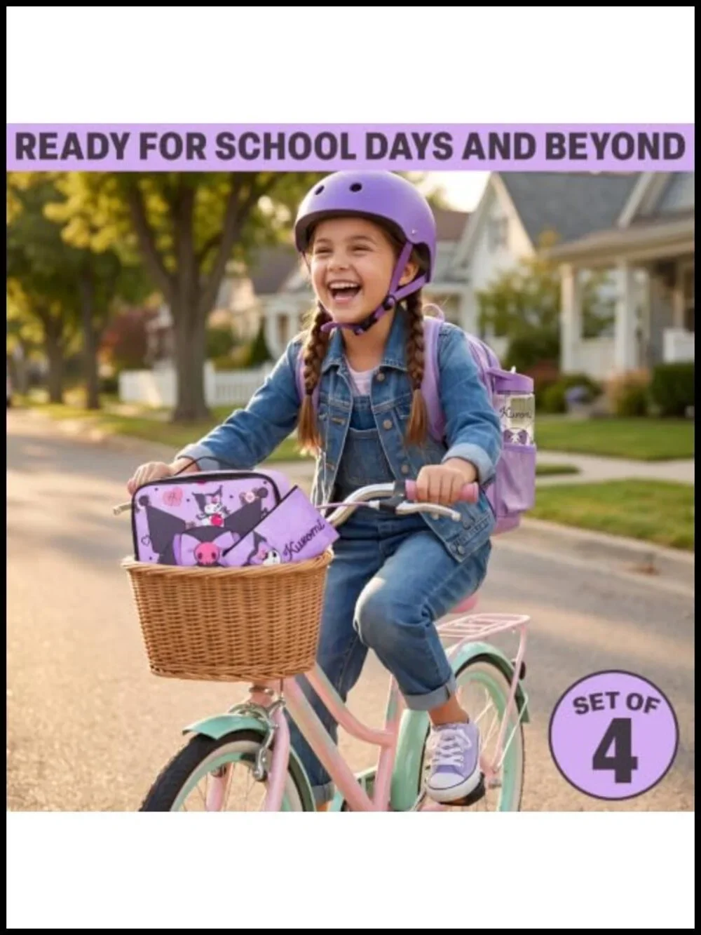Kuromi Girls Backpack Set 4 Piece - Lunch Bag Pencil Case Water Bottle Sanrio